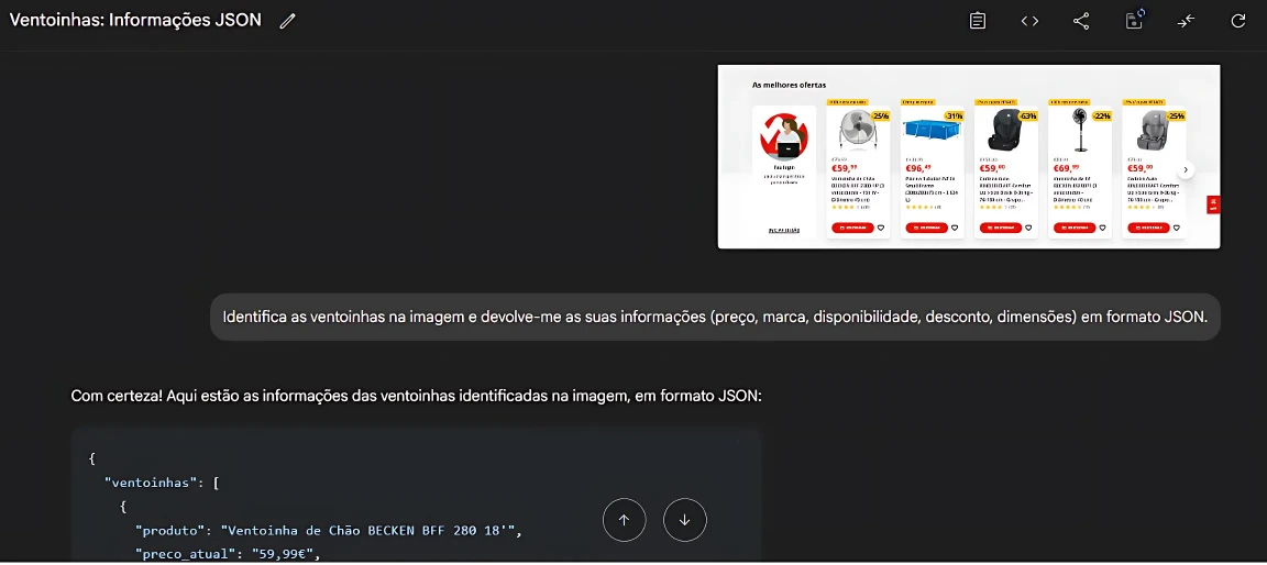 Interface de extração de dados com IA no Google Gemini