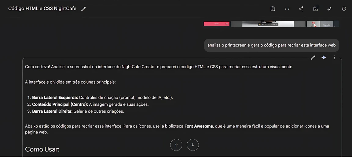 Explicação da interface do NightCafe gerada pelo Google Gemini