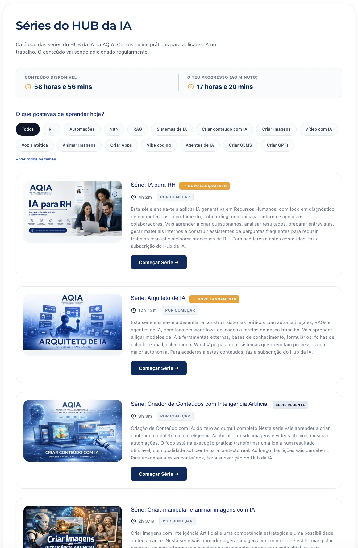 Aspeto do HUB da IA da AQIA com séries e conteúdos disponíveis